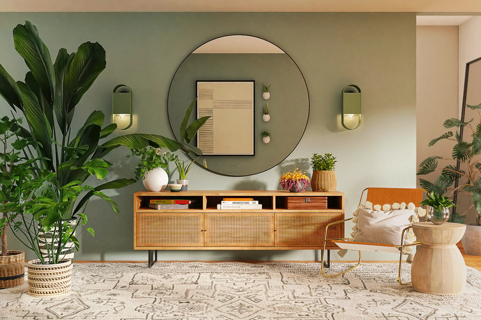 Sage-green wall with a round mirror, rattan wood console, plants, and a leather lounge chair, shown as color palette inspiration.