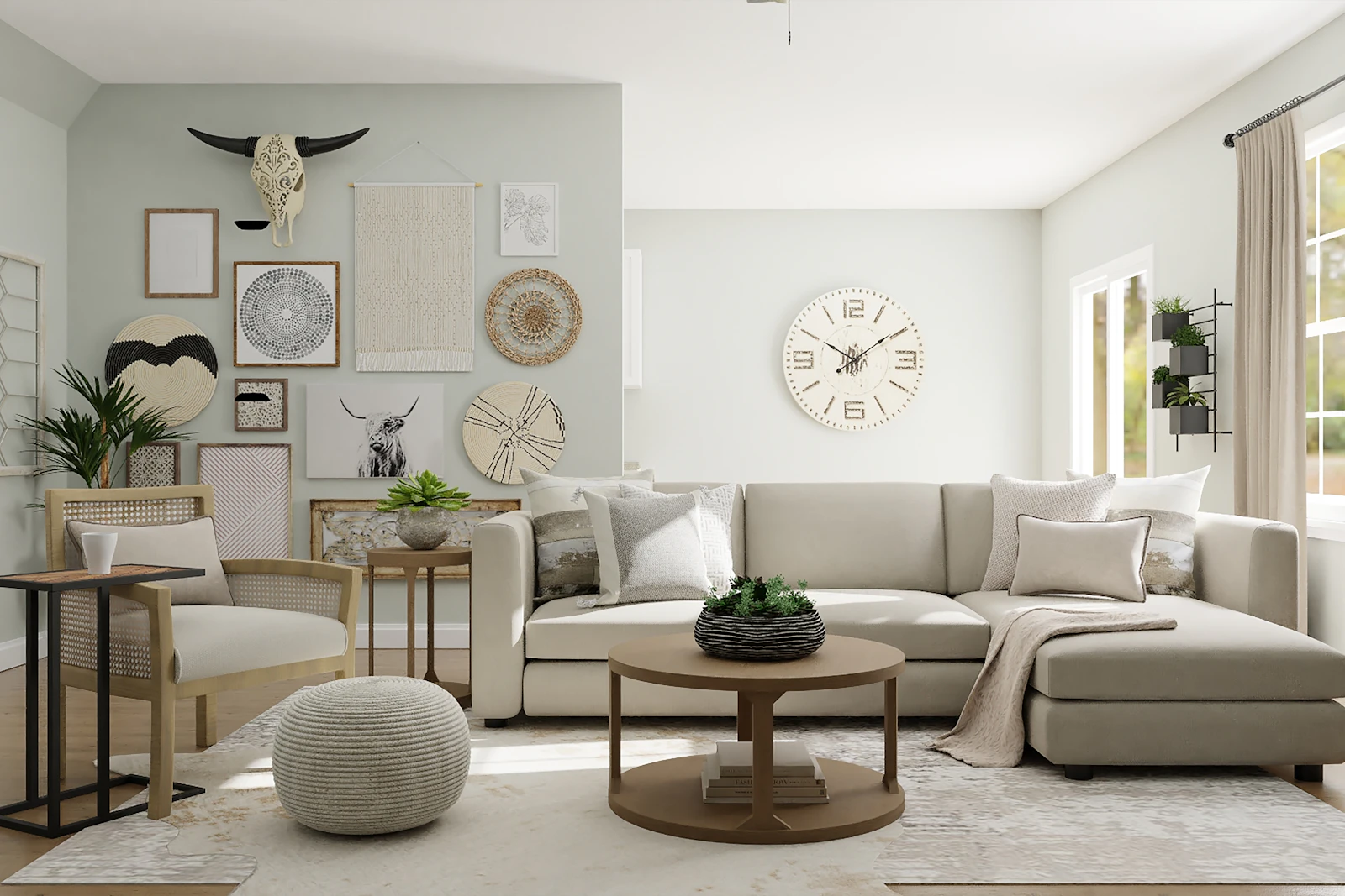 Living room with a beige sectional, cane armchair, round wood tables, and a gallery wall, shown as styling inspiration.