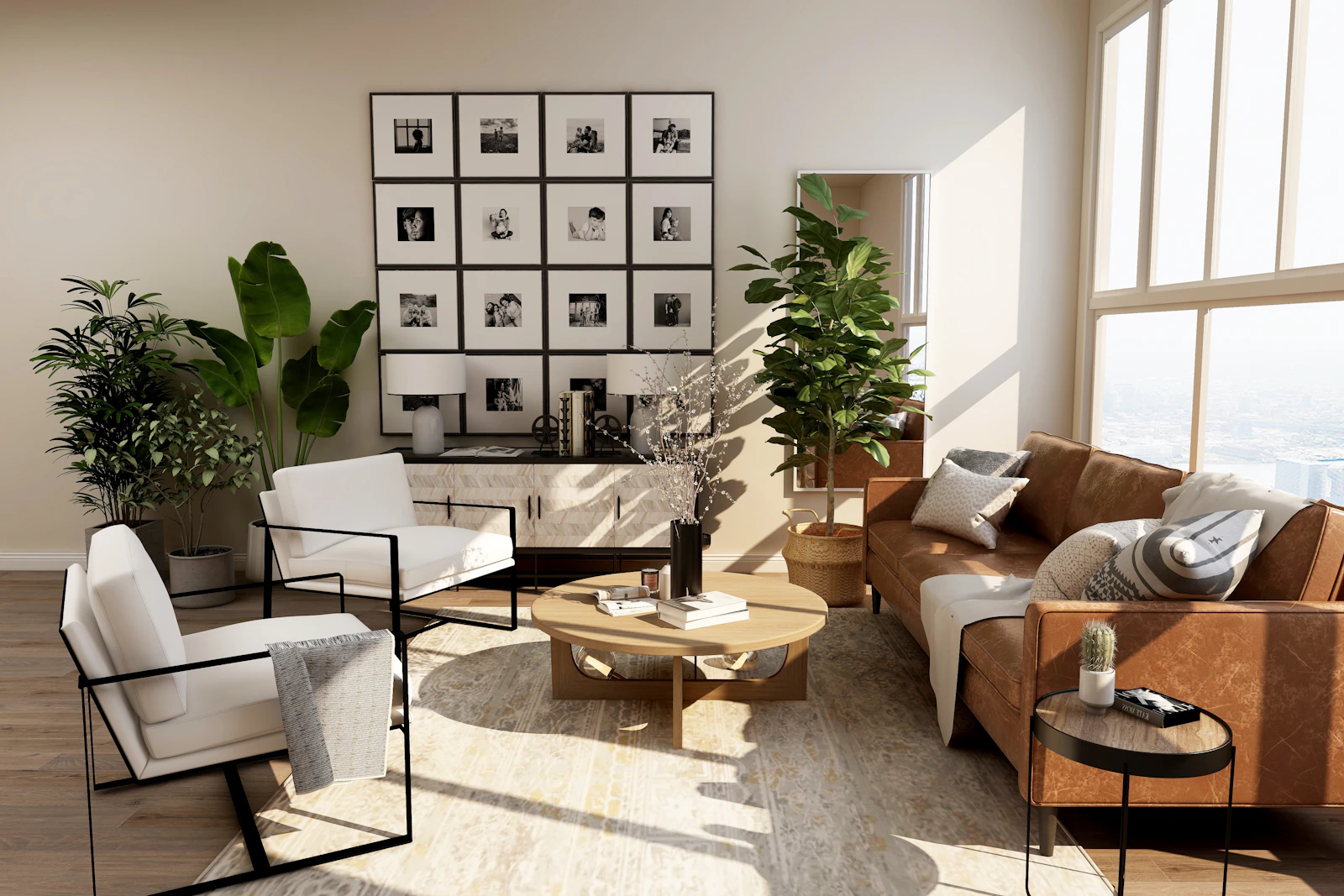 Sunlit living room with a leather sofa, two white chairs, a round wood table, and a grid of framed photographs, shown as styling inspiration.